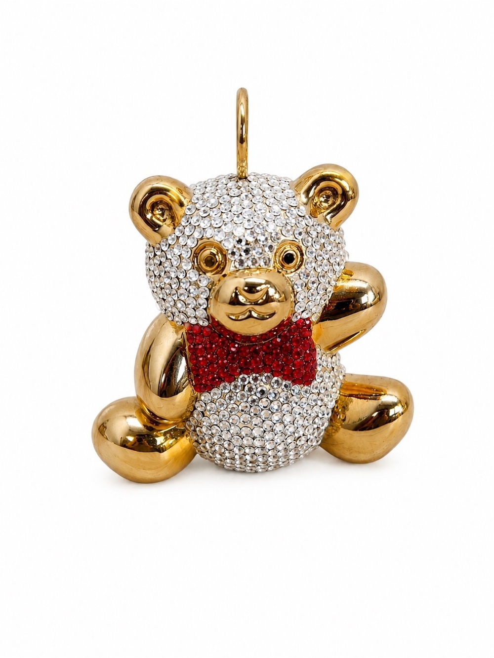 Judith Leiber Gold-Tone Crystal Teddy Bear Pendant with Red Bow